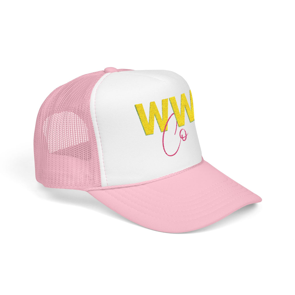 EMBRODERED Foam Trucker Hat - "Light Pink with Yellow logo"