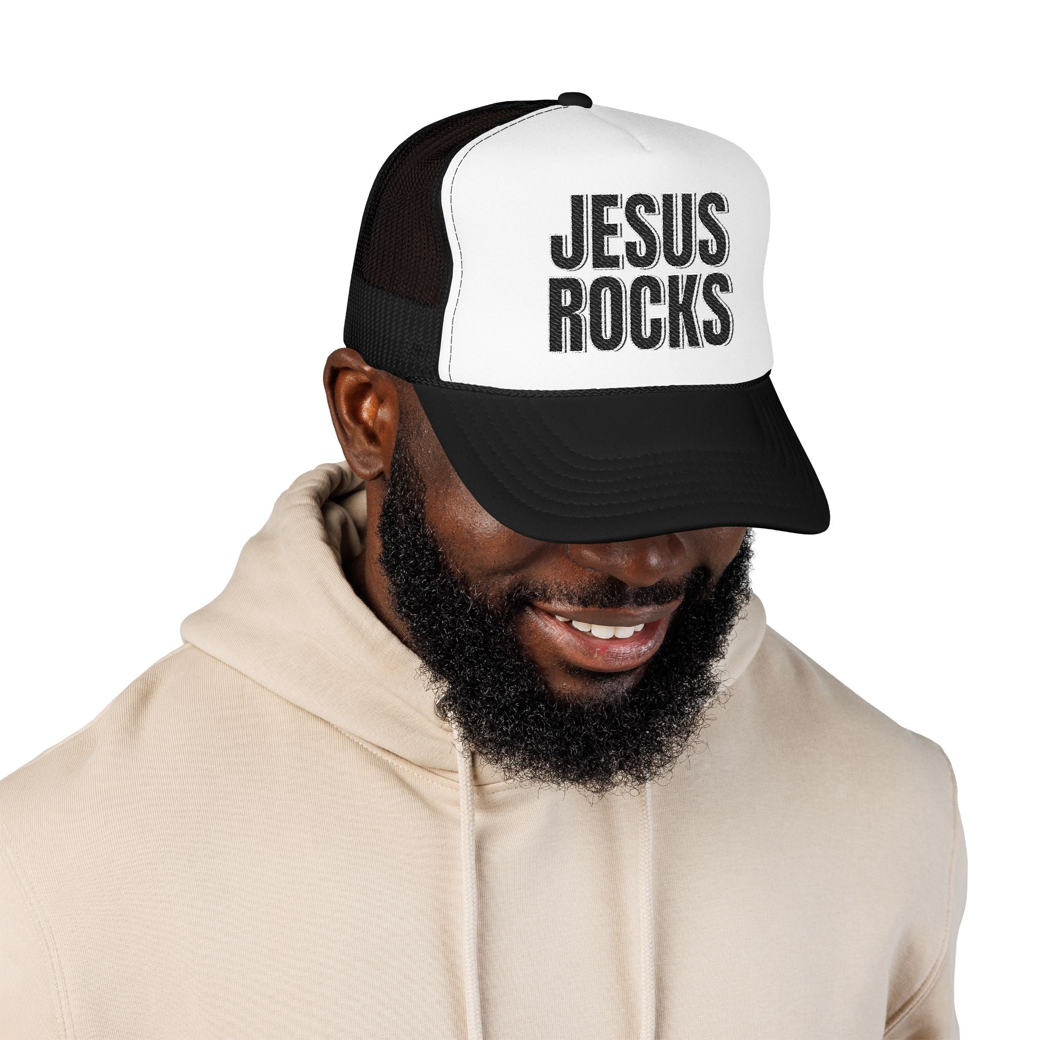 EMBRODERED Foam Trucker Hat - "Jesus Rocks"