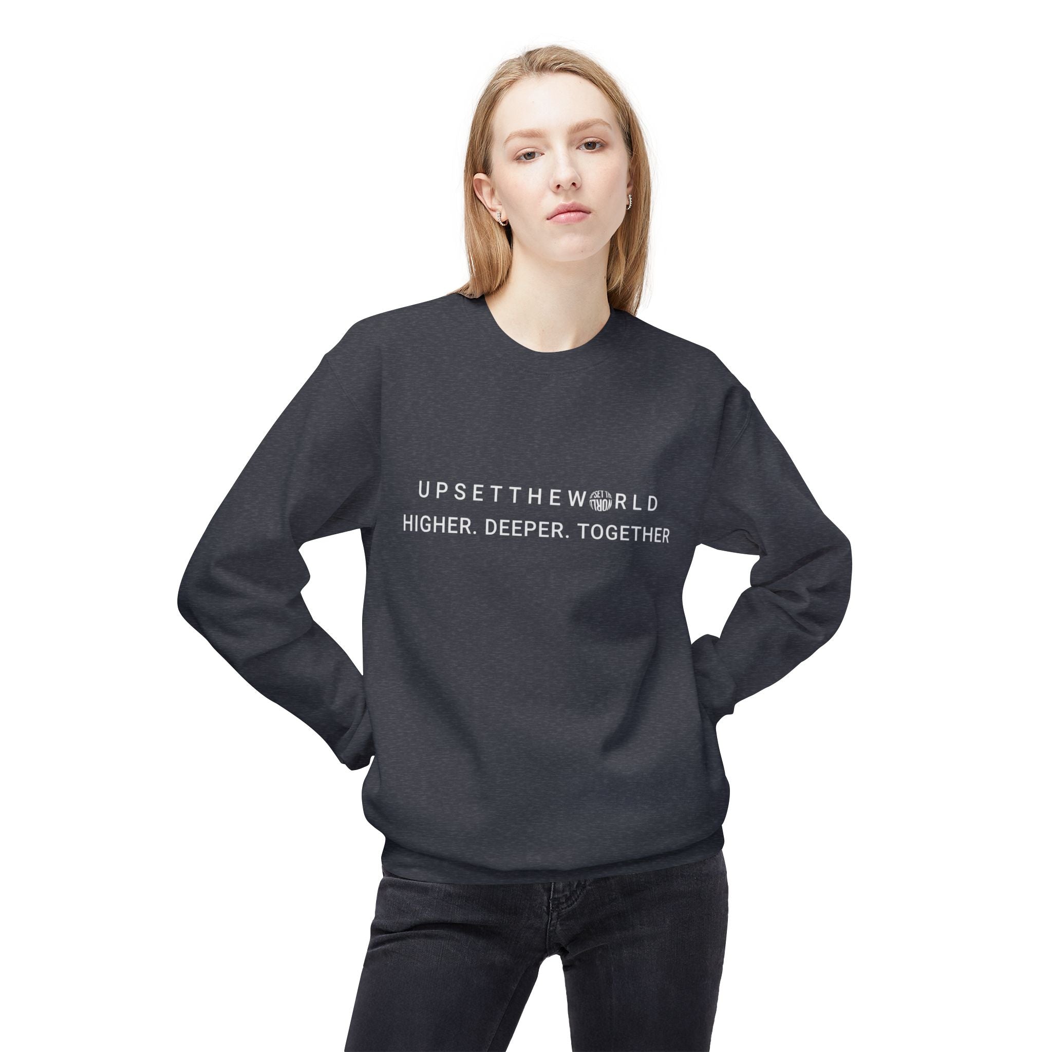 Cozy Fleece Sweatshirt, Unisex Warm Sweatshirt, Casual Crewneck- Higher Deeper Together