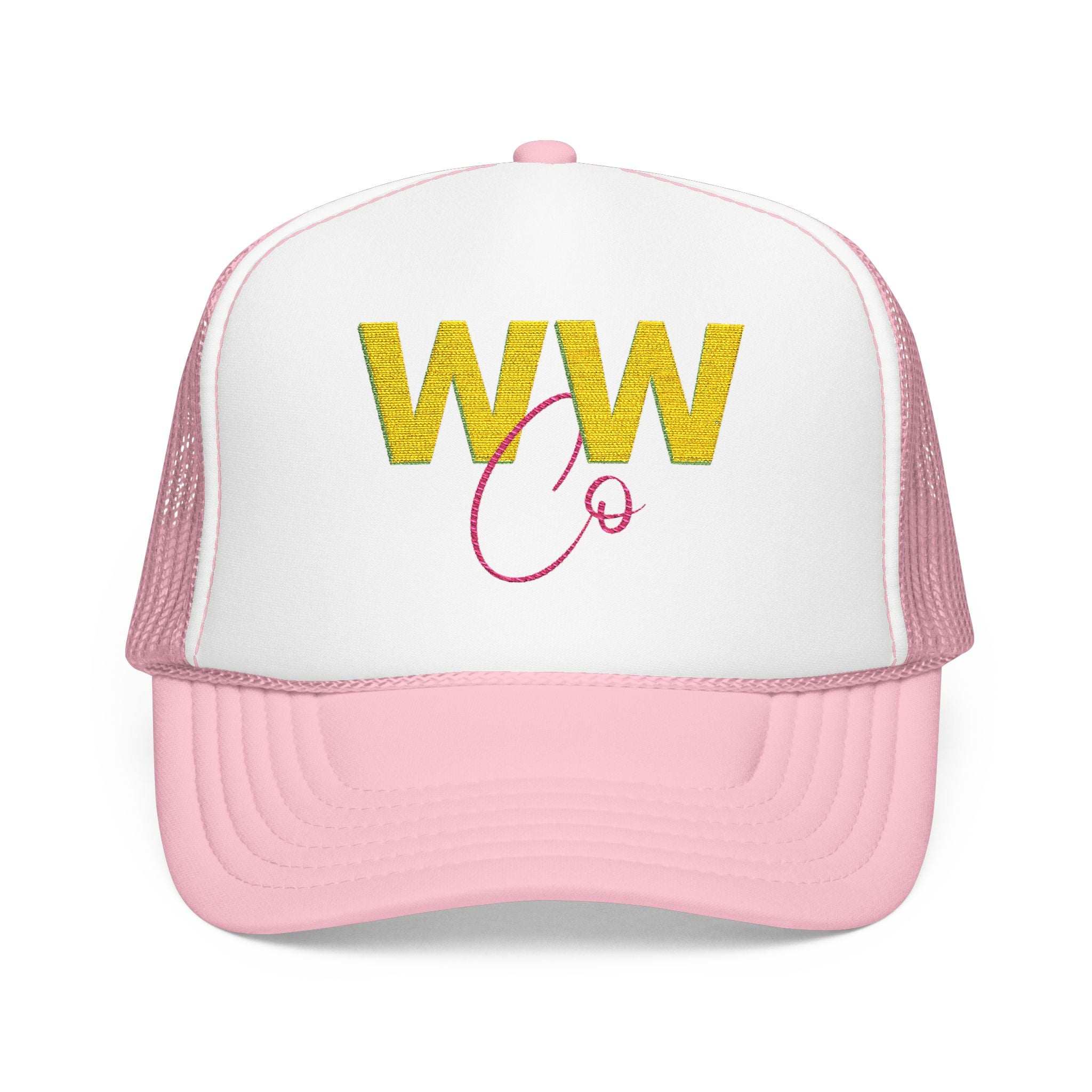 EMBRODERED Foam Trucker Hat - "Light Pink with Yellow logo"
