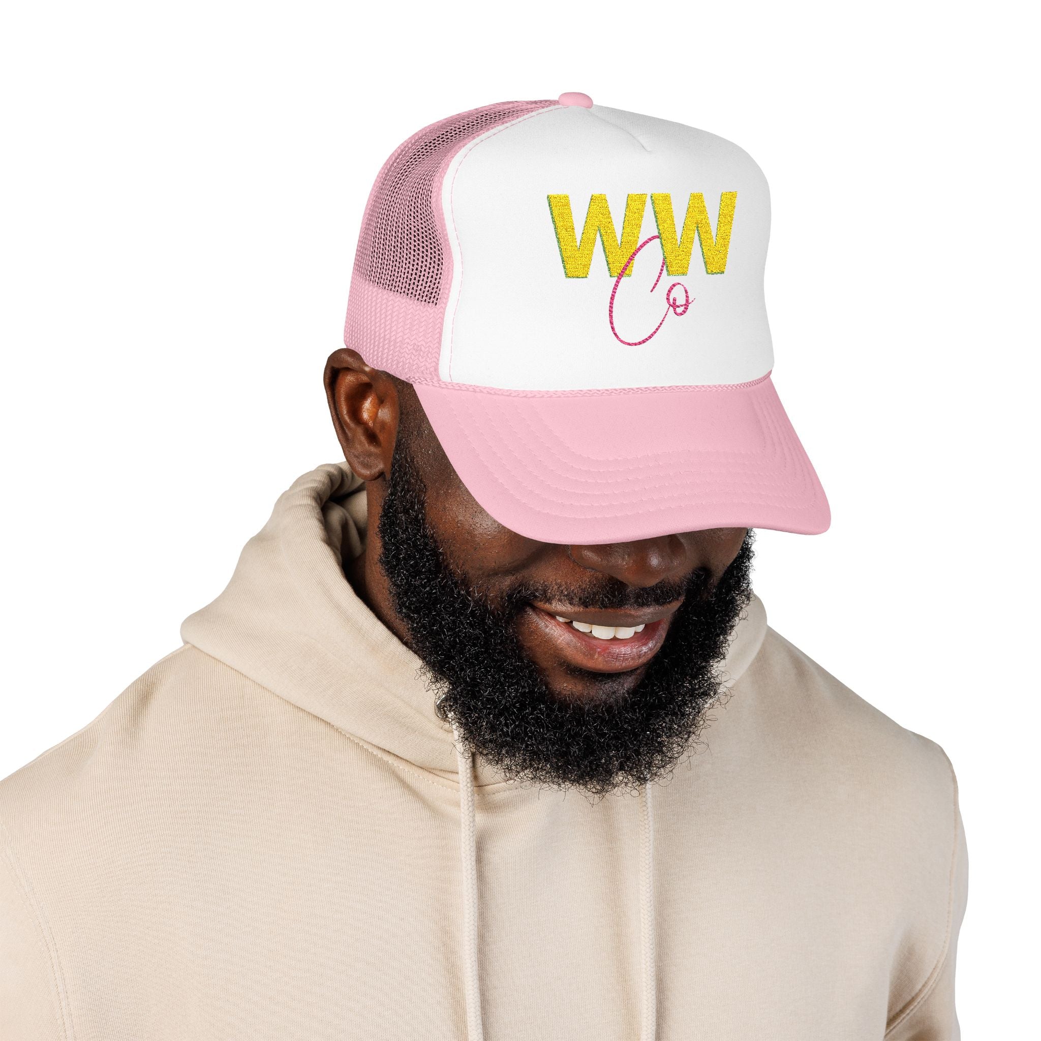 EMBRODERED Foam Trucker Hat - "Light Pink with Yellow logo"